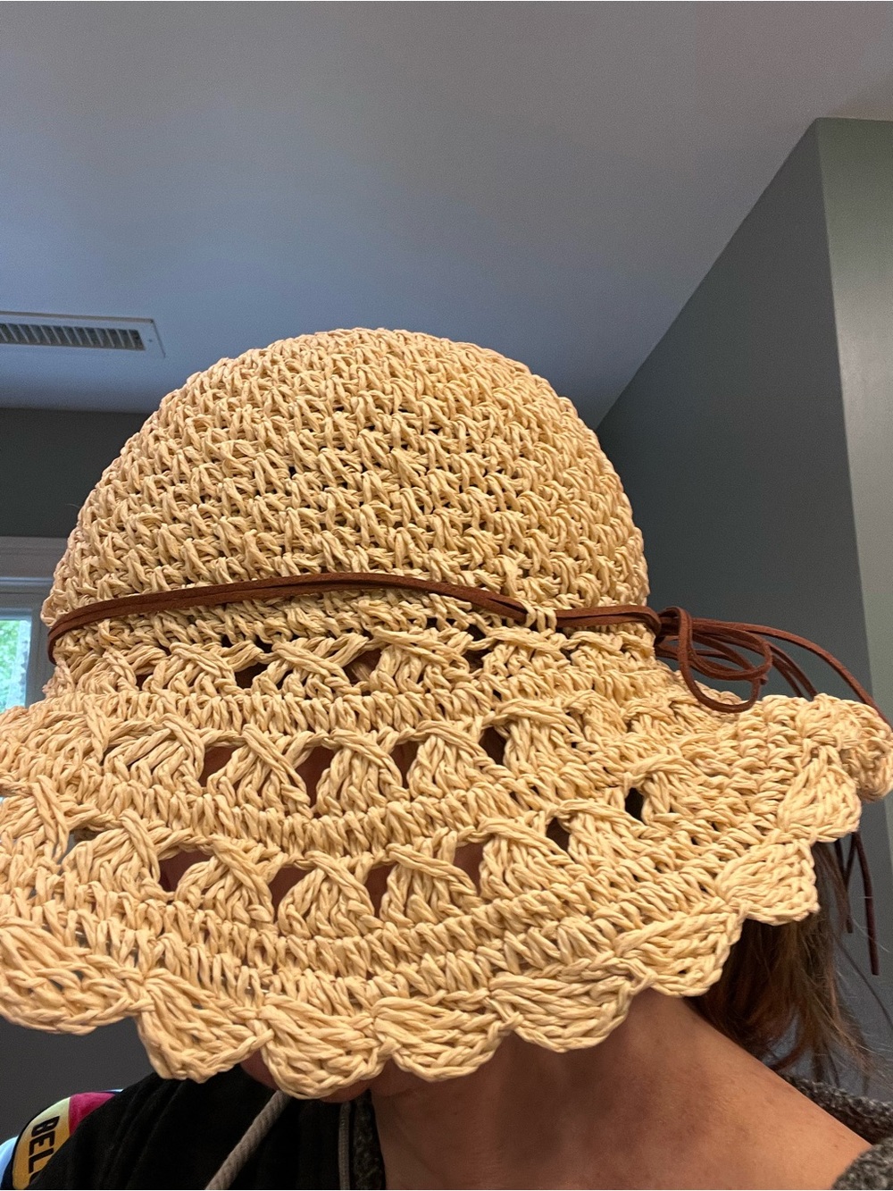 Straw Crochet Sun Hat with Brown Tie - Women's Beach Hat - Picture 2 of 6